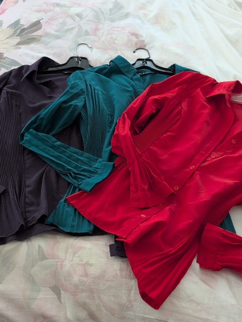 Zac & Rachel Button-Front Pleated Shirt Trio - Red, Teal, Purple